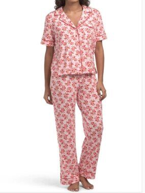 NWT Rachel Zoe Pink Red Floral Button-Front Tencel Pajama Set